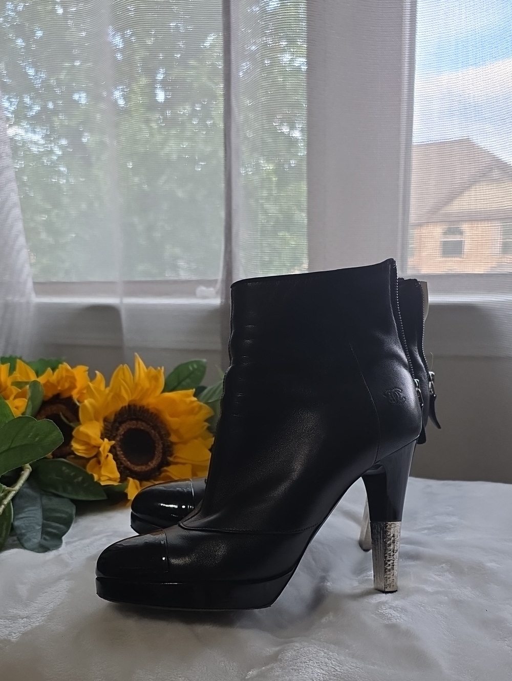 CHANEL Black Leather Platform Ankle Boots with Silver Textured Heel